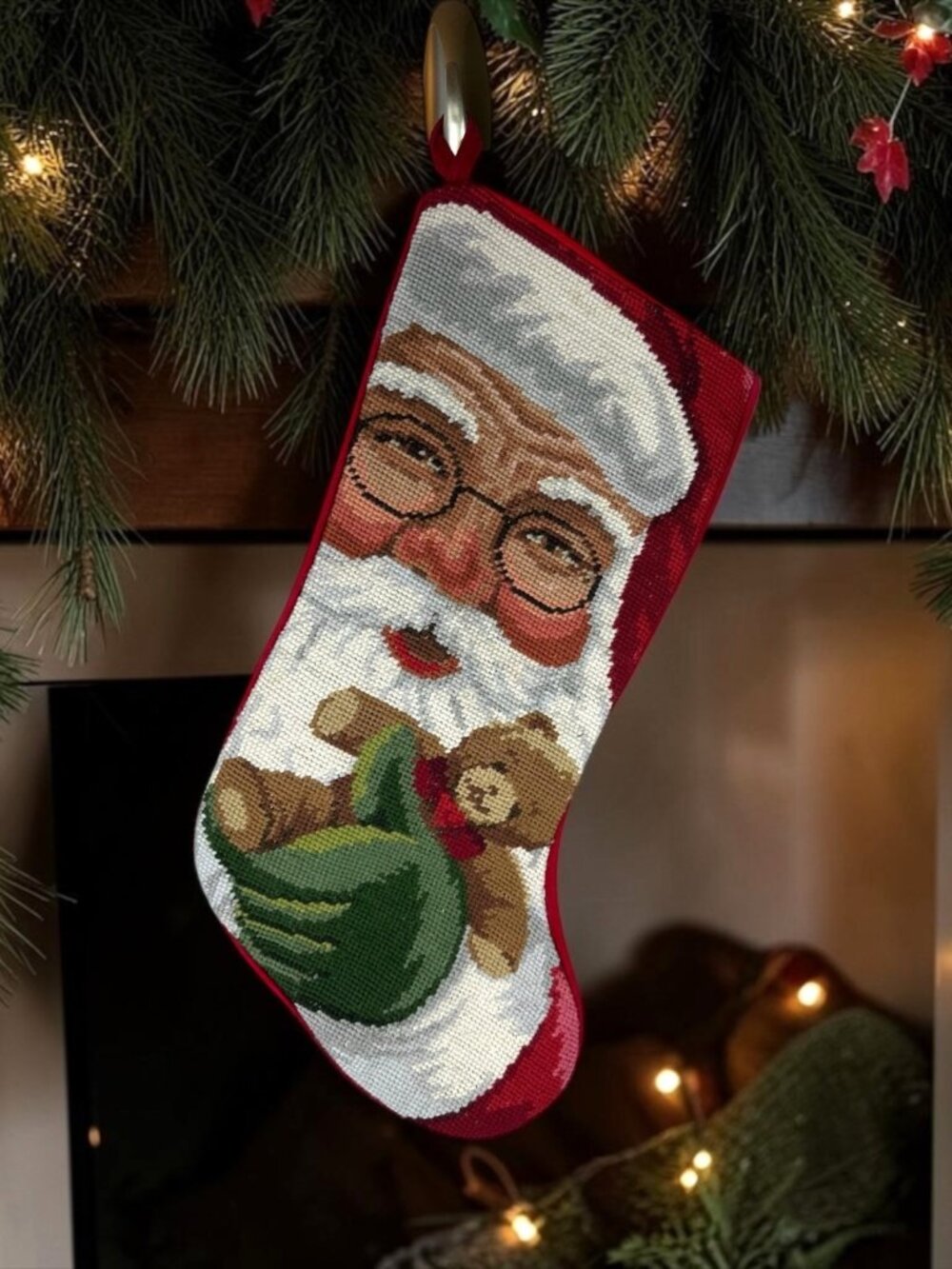 Santa Teddy Bear Christmas Stocking Hand Needlepoint Wool Red Velvet Back 18"